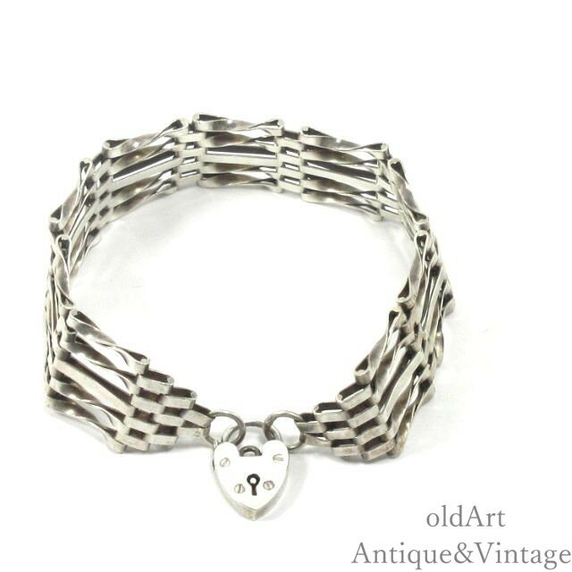 英国製 イギリス 1970年代 ヴィンテージ 南京錠 パドロック チャーム シルバー製 ゲート リンク チェーン ブレスレット【17.5cm】【N-26364】...
