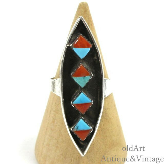 USA製 ヴィンテージ ネイティブアメリカン インディアン スターリング シルバー 銀製 ターコイズ コーラル リング 指輪【16.5号】【N-26884】【中...