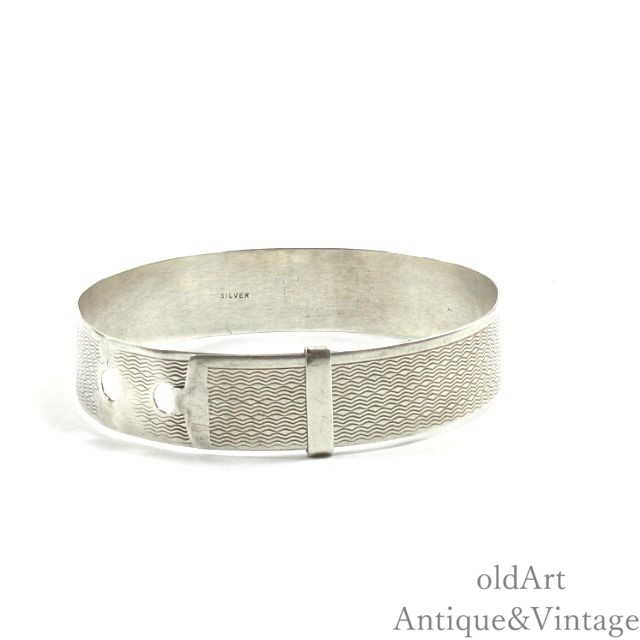 英国 イギリス製 ヴィンテージ 彫刻 スターリングシルバー製 アジャスター式 バックル カフ ブレスレッ..