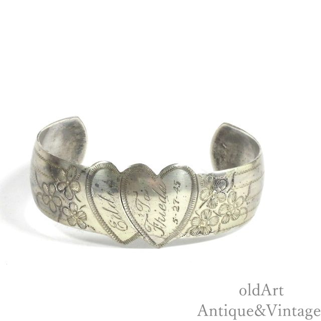 樂天商城 - USA製 1945年代 WW2 ヴィンテージ SweetHeart 勿忘草 US.ARMY アメリカ軍 STERLING シルバー 製 ダブル ハート ミリタリー ブレスレット バングル【N-27036】 【中古】【送料無料】