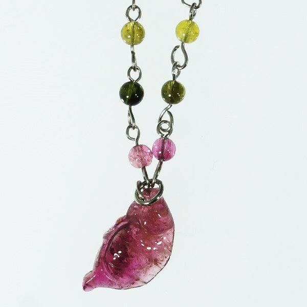 天然石ネックレス トルマリン ルベライト彫刻鯉 10x20mm 1点物 パワーストーン 御守り石 誕生石 母の日 プレゼント