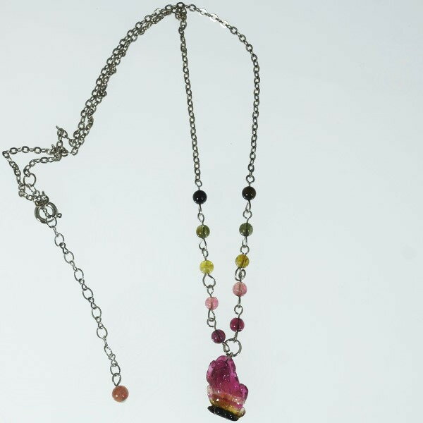 天然石手作りネックレス トルマリン ウォーターメロン彫刻 小財神 10x16mm 1点物 パワーストーン 御守り石 誕生石 母の日 プレゼント