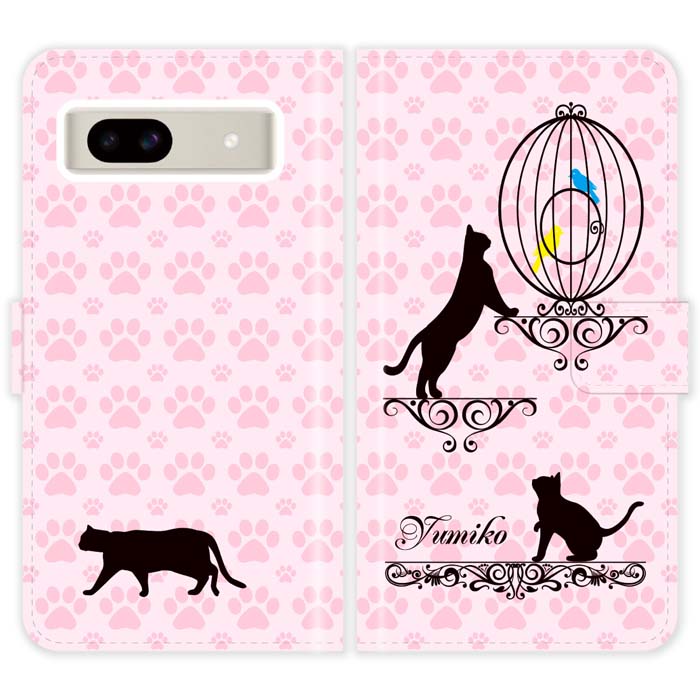 Rakuten - Google Pixel 8a 手帳型 Pixel8a 猫柄 名入れ 名前入り ケース カバー 猫と鳥かご かわいい グーグル ピクセル8a スマートフォンケース 携帯