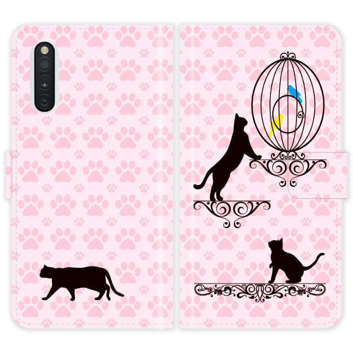 Rakuten - Galaxy A41 SC-41A SCV48 SC41A 手帳型 ケース カバー 猫と鳥かご 猫柄 かわいい ギャラクシー スマートフォンケース 携帯