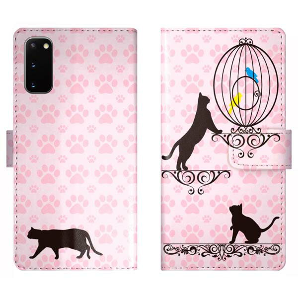 Galaxy S20 5G SC-51A SCG01 SC51A 手帳型 ケース カバー 猫と鳥かご 猫柄 かわいい ギャラクシー スマートフォンケース