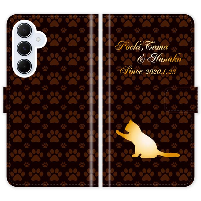Rakuten - Galaxy A55 5G SC-53E SCG27 SC53E 手帳型 猫 肉球 猫柄 シルエット 名入れ 名前入り ケース カバー かわいい ギャラクシー オーダーメイド オリジナル スマートフォンケース 携帯
