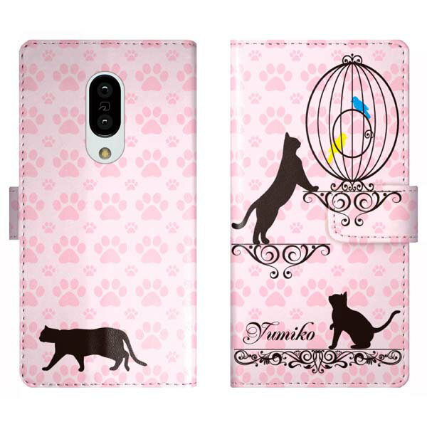 AQUOS zero2 SH-01M SHV47 906SH SH01M 手帳型 猫柄 名入れ 名前入り ケース カバー 猫と鳥かご かわいい アクオス スマートフォンケース