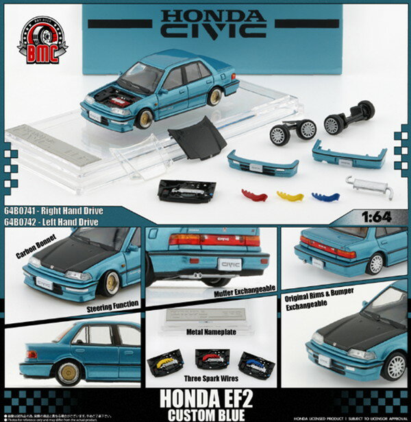 6月以降発売予定 【送料無料】　BM CREATIONS 1/64 ホンダ シビック EF2 1991 カスタムブルー/ブラックボンネット RHD 完成品ダイキャストミニカー 64B0471
