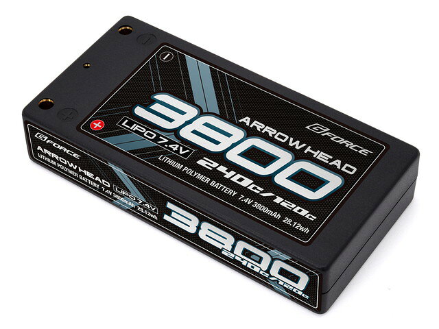 お支払い方法・送料・配送について予約販売商品についてジーフォース Arrow Head LiPo 7.4V 3800mAh 120C/240C GFG016■製品特徴ショートサイズバッテリーに新時代を告げる超大出力！図太い出力特性でジャンルを問わない扱いやすさを実現！レスポンスに直結する大電流をあらゆる速度域で体感！安定した出力を約束する、厳選されたセルを採用厚さの違う2種類をラインナップ。プラグは4mmバナナタイプサイズ：93×46×18.5(mm)重量：155g■メーカー：ジーフォース(G-Force)