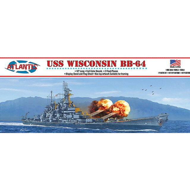 お支払い方法・送料・配送について予約販売商品についてアトランティス 1/665 WW.II アメリカ海軍 戦艦 USSウィスコンシン プラモデル AMCM3006【実艦について】第二次大戦も末期の1944年に就役したアメリカ海軍の戦艦がUSSアイオワです。6艦が計画され、4艦が建造されたアイオワ級の4番艦として誕生しました。全長は270mに達し、主武装としては50口径の16インチ3連装砲塔を3基搭載。第二次大戦では1945年から太平洋戦域に進出。日本を相手に硫黄島攻略や沖縄上陸作戦を支援、さらに、日本本土への艦砲射撃も実施しています。大戦後はいったん退役するものの、朝鮮戦争に参加したほか、さらに、ミサイルを装備するなど近代的装備、武装を施してイラク攻撃では巡航ミサイルを発射するなど、世界の海域で活躍をつづけました。【商品について】モデルは第二次大戦のアメリカ海軍戦艦USSウィスコンシンを1/665スケールで再現したプラスチックモデル組み立てキットです。仕上がりの全長は約40cmと存在感ある仕上がりが楽しめます。1970年代に発売された旧モノグラムのキットをアトランティスモデルが再リリースするもので、ベテランモデラーには見逃せない1品と言えるでしょう。細長い艦体は一体パーツ。フルハル状態でディスプレイ用のスタンドも用意されています。甲板も1枚の一体パーツ。デッキの板張りのディテールなども再現され、雰囲気を高めます。その上に艦橋や煙突などの上部構造物を組み立てて取り付けていきます。主砲砲塔は完成後も左右に旋回可能。デカールは再リリースにあたってアップデートされ、説明書も新しく製作されています。また、主砲を発射した直後の様子を描いたパッケージアートも大きな魅力です。【主な特徴】■アメリカ海軍の戦艦ウィスコンシンを1/665スケールで再現■仕上がり全長は約40cm■旧モノグラムのキットを再リリース■ディスプレイスタンド付き■メーカー：アトランティスモデル