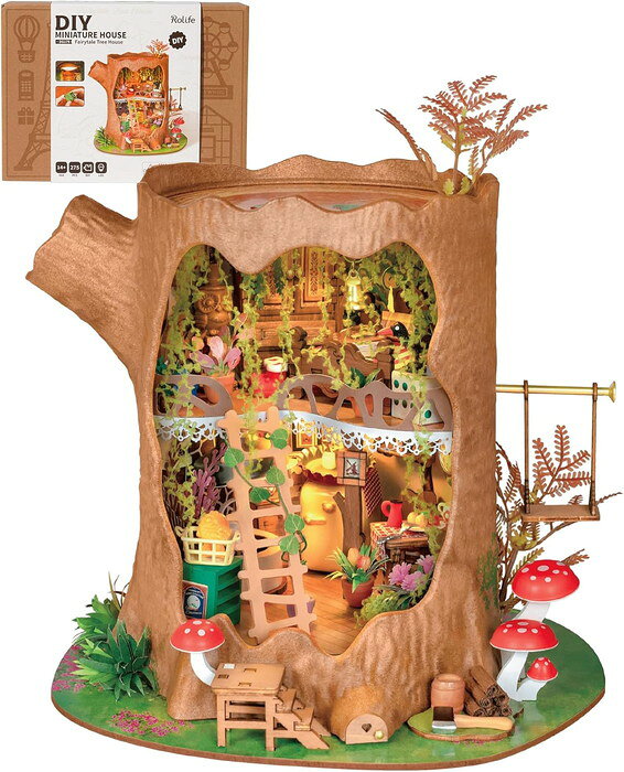 お支払い方法・送料・配送について予約販売商品についてDIYミニチュアハウス Fairytale Tree House(英語版)接着剤・塗装不要で楽しめるDIYミニチュアハウス。組み立てるだけで温かみのあるライトが灯り、幻想的な空間を演出します。精巧なデザインで、初心者でも安心して可愛いお部屋が完成。インテリアやギフトにもおすすめです。こちらは英語版製品です。（説明書は英語ですが、イラストが付いていて分かりやすいです） ■対象年齢：14歳〜■製作目安時間：8時間■組立完成サイズ：210x183x225mm■パッケージサイズ：320x108x232x108mm■ピース数：275Pcs■電源：単4電池2本（別売り）■メーカー：ROBOTIME