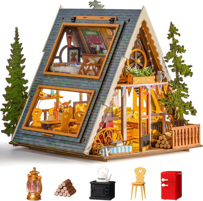 お支払い方法・送料・配送について予約販売商品についてDIYミニチュアハウス A-Frame Cabin(英語版) ドールハウス おしゃれ インテリア接着剤・塗装不要で楽しめるDIYミニチュアハウス。組み立てるだけで温かみのあるライトが灯り、幻想的な空間を演出します。精巧なデザインで、初心者でも安心して可愛いお部屋が完成。インテリアやギフトにもおすすめです。こちらは英語版製品です。（説明書は英語ですが、イラストが付いていて分かりやすいです）■対象年齢：14歳〜■製作目安時間：7時間■組立完成サイズ：246x222x218mm■パッケージサイズ：315x65x237mm■ピース数：336Pcs■電源：単4電池2本（別売り）■メーカー：ROBOTIME