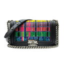 シャネル CHANEL ボーイシャネル チェーンショルダーバッグ25 ブラック×マルチカラー シルバー金具 カーフレザー レディース ショルダーバッグ【中古】(4)