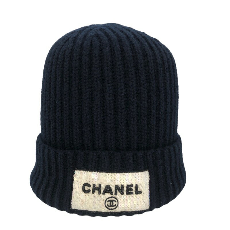 【中古】シャネル CHANEL スパンコールロゴニットキャップ ネイビー カシミア レディース