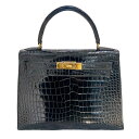 エルメス HERMES ケリー28 外縫い □C刻印 (1999年製) ブラック・ゴールド金具 クロコポロサス レディース ハンドバッグ【中古】