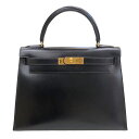 エルメス HERMES ケリー28 〇V刻印 ブラック/GD金具 ボックスカーフ レディース トートバッグ【中古】
