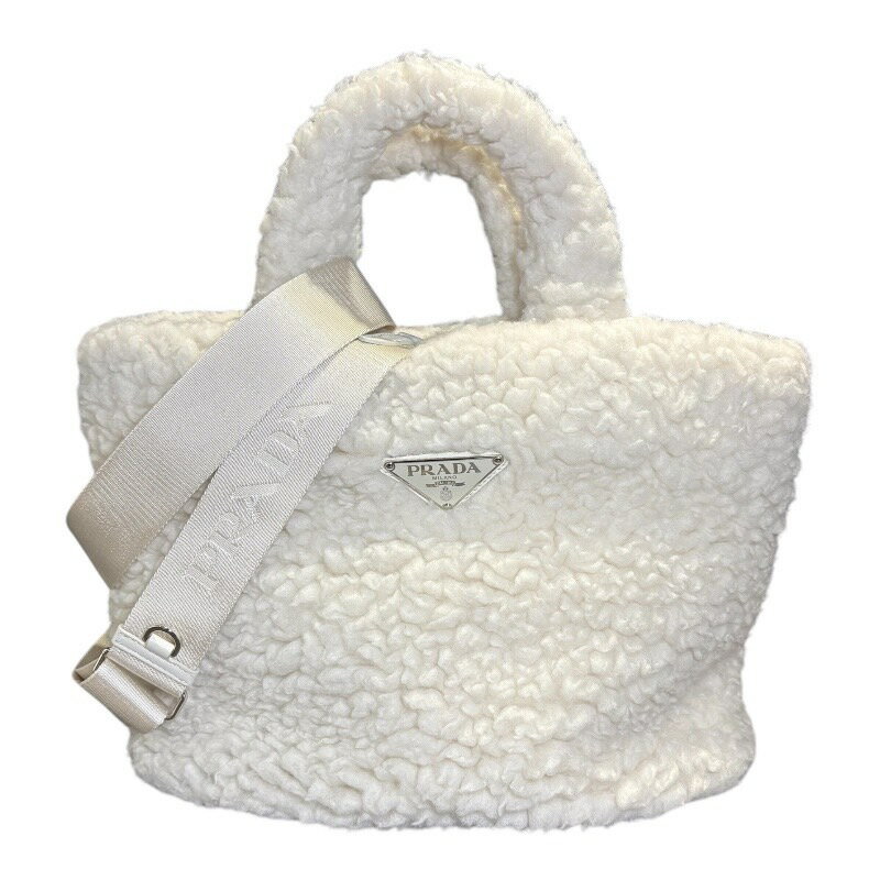 プラダ PRADA ボア2WAYトートバッグ 1BG428 ホワイト シルバー金具 ウール・カシミア レディース トートバッグ【中古】