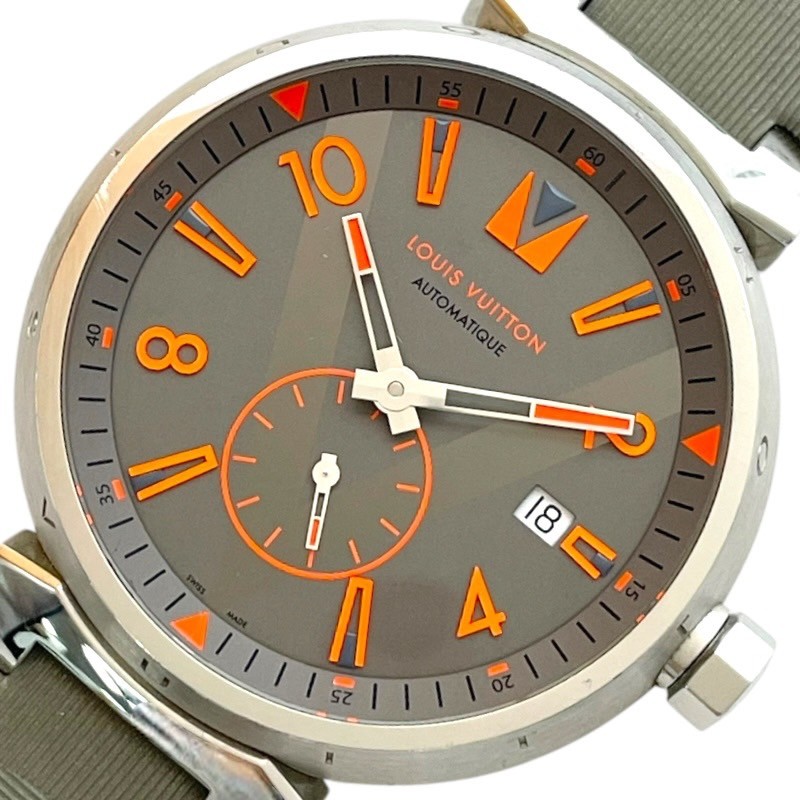 ルイ・ヴィトン LOUIS VUITTON タンブール QA045 グレー SS/革ベルト 自動巻き メンズ 腕時計【中古】
