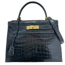 エルメス HERMES ケリー28 外縫い 〇R刻 ブラック GD金具 アリゲーター レディース ショルダーバッグ【中古】