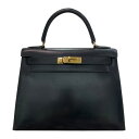 エルメス HERMES ケリー28 外縫い 〇W刻印 ブラック×ゴールド金具 ボックスカーフ レディース ショルダーバッグ【中古】