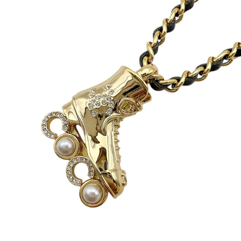 シャネル CHANEL ローラースケート　ネックレス ゴールド/ブラック メタル/レザー アクセサリー【中古】