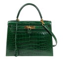 エルメス HERMES ケリー28 外縫い □N刻 グリーン ゴールド金具 アリゲーターリセ レディース ショルダーバッグ【中古】