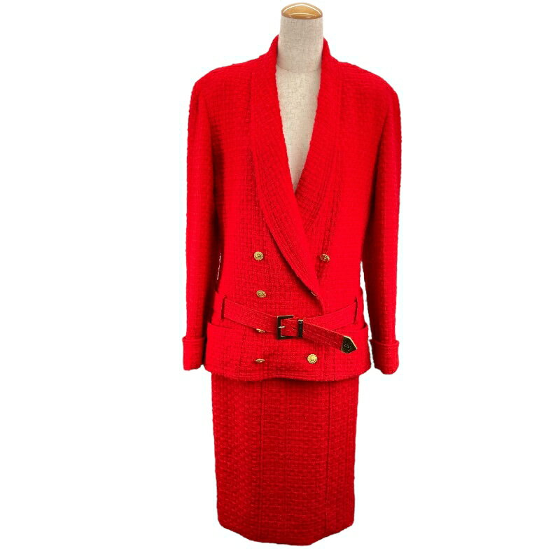 シャネル CHANEL ベルテッドツイードジャケット&スカート レッド ウール レディース セットアップ【中古】
