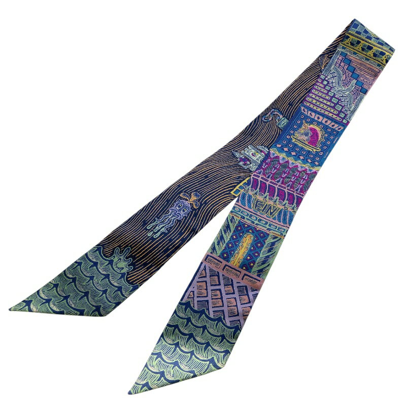 エルメス HERMES ツイリー　SUPER　SILK　QUEST 紫/緑/青 シルク100％ レディース スカーフ【中古】