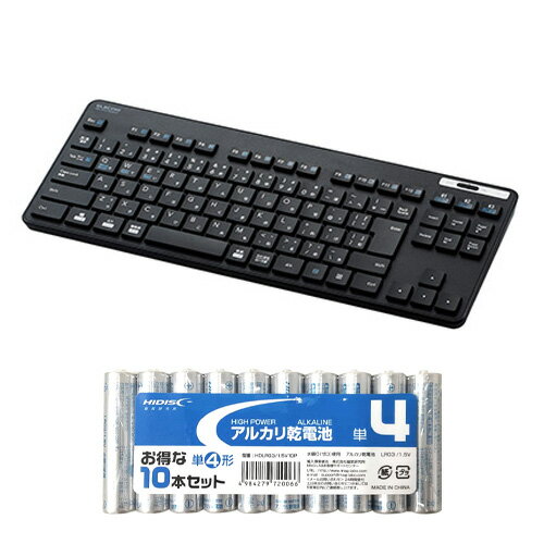 エレコム Bluetoothミニキーボード/薄型/メンブレン式/抗菌/マルチペアリング対応/ブラック + アルカリ乾電池 単4形10本パックセット TK-FBM119KBK+HDLR03/1.5V10P