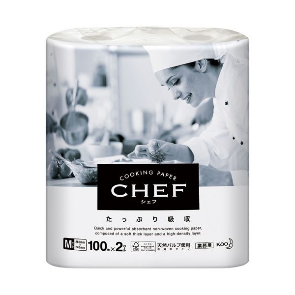 （まとめ） 花王クッキングペーパー CHEF（シェフ） たっぷり吸収 M 100カット／ロール 1パック（2ロー..
