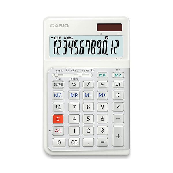 カシオ 人間工学電卓 12桁ジャストタイプ ホワイト JE-12D-WE-N 1台 1