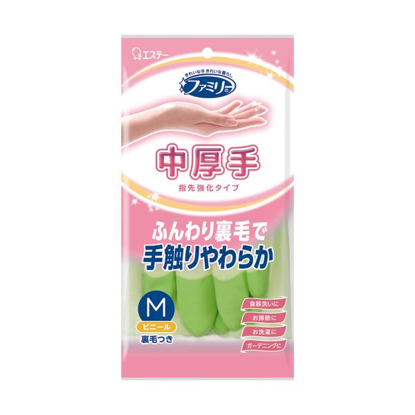 【ご注文について】お客様のご都合による商品のキャンセル・交換・返品・数量変更は一切承っておりません。ご注文の際は慎重にお選びの上、ご注文願います。【納期について】商品説明内に当店がご注文（ご入金）確認後、商品出荷までにかかる営業日数【出荷目安】を表記しています。※土曜・日曜・祝日・年末年始等、当店休業日を含まない営業日で表記しております。商品によっては一時的なメーカー欠品等により、表記の出荷予定日より更にお時間がかかる場合がございます。また、当該商品は他店舗でも在庫を共有しておりますので、在庫更新のタイミングにより在庫切れの場合、やむを得ずキャンセルさせて頂く可能性があります。【送料について】こちらは『同梱区分TS1 ： 1配送先690円（※沖縄県・離島への配送をご希望の場合は別途送料お見積り）』 が適用されます。但し、大型商品の場合など、追加の配送費用がかかることが判明した場合、ご注文後に追加送料がかかる旨のご連絡をさせて頂く場合ございますので予めご了承下さい。沖縄県・離島への配送や大型商品をご希望の場合、送料は自動計算されませんので、ご注文確認後、メールにてご連絡の上、送料の訂正を行わせて頂きます。※『異なる同梱区分の商品』を一緒にご注文頂いた場合は、同梱が出来ません。別配送となり追加送料がかかりますので、ご注文確認後に訂正の上、メールにてご連絡させて頂きます。（送料は自動計算されません。出荷は保留扱いとなります。）【ご注意】配達日はご指定頂けません。食品等の賞味期限・消費期限の残存日数のご指定は承ることが出来ません。メール便・定形外郵便等はご指定頂けません。一部商品を除きラッピング（包装）・のしがけは承ることが出来ません。配送業者のご指定不可。置き配は破損・汚損・紛失・盗難などの恐れがあるため、原則としてお断りしております。置き配による破損・汚損・紛失・盗難については保証ができかねますので、あらかじめご承知おきください。（まとめ） エステーファミリー ビニール中厚手 指先強化 M グリーン 1双 【×5セット】■商品内容【ご注意事項】この商品は下記内容×5セットでお届けします。指先強化で、やぶれにくく丈夫！●Mサイズ、色はグリーンです。■商品スペックサイズ：M寸法：全長320×手のひら周り204×中指長さ83mm色：グリーン材質：表:塩化ビニル樹脂(非フタル酸エステル系塑)、裏:レーヨン・綿(起毛)■送料・配送についての注意事項●本商品の出荷目安は【1 - 5営業日　※土日・祝除く】となります。●お取り寄せ商品のため、稀にご注文入れ違い等により欠品・遅延となる場合がございます。●広告文責：株式会社プロヴィジョン