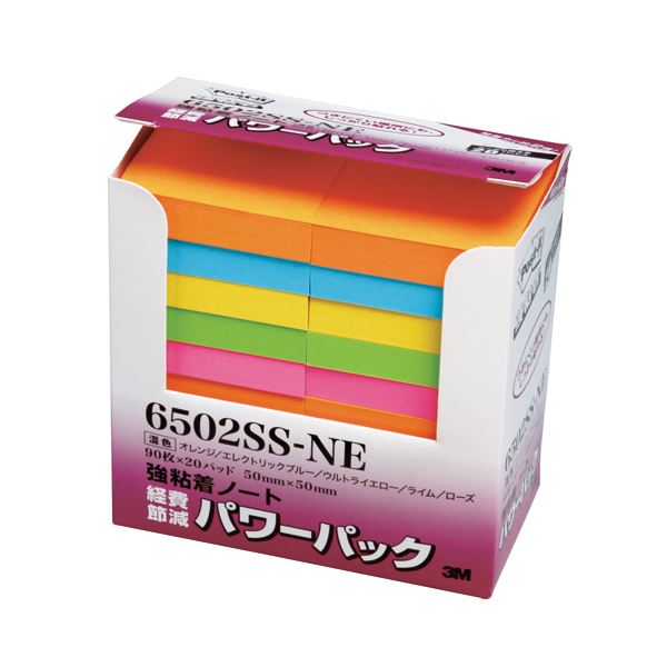 （まとめ） 3M ポストイット パワーパック 強粘着ノート 50×50mm ネオンカラー5色 6502SS-NE 1パック（20冊） 【×2セット】 1