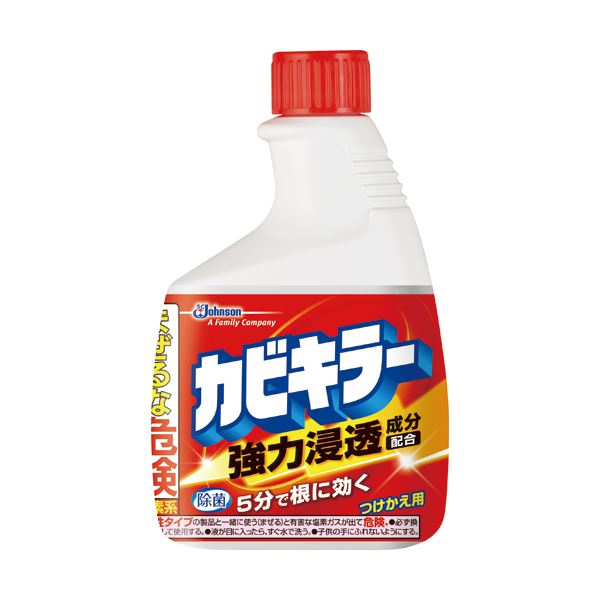 【ご注文について】お客様のご都合による商品のキャンセル・交換・返品・数量変更は一切承っておりません。ご注文の際は慎重にお選びの上、ご注文願います。【納期について】商品説明内に当店がご注文（ご入金）確認後、商品出荷までにかかる営業日数【出荷目安】を表記しています。※土曜・日曜・祝日・年末年始等、当店休業日を含まない営業日で表記しております。商品によっては一時的なメーカー欠品等により、表記の出荷予定日より更にお時間がかかる場合がございます。また、当該商品は他店舗でも在庫を共有しておりますので、在庫更新のタイミングにより在庫切れの場合、やむを得ずキャンセルさせて頂く可能性があります。【送料について】こちらは『同梱区分TS1 ： 1配送先690円（※沖縄県・離島への配送をご希望の場合は別途送料お見積り）』 が適用されます。但し、大型商品の場合など、追加の配送費用がかかることが判明した場合、ご注文後に追加送料がかかる旨のご連絡をさせて頂く場合ございますので予めご了承下さい。沖縄県・離島への配送や大型商品をご希望の場合、送料は自動計算されませんので、ご注文確認後、メールにてご連絡の上、送料の訂正を行わせて頂きます。※『異なる同梱区分の商品』を一緒にご注文頂いた場合は、同梱が出来ません。別配送となり追加送料がかかりますので、ご注文確認後に訂正の上、メールにてご連絡させて頂きます。（送料は自動計算されません。出荷は保留扱いとなります。）【ご注意】配達日はご指定頂けません。食品等の賞味期限・消費期限の残存日数のご指定は承ることが出来ません。メール便・定形外郵便等はご指定頂けません。一部商品を除きラッピング（包装）・のしがけは承ることが出来ません。配送業者のご指定不可。(まとめ) ジョンソン カビキラー つけかえ用 400g 1本 【×10セット】■サイズ・色違い・関連商品関連商品の検索結果一覧はこちら■商品内容【ご注意事項】・この商品は下記内容×10セットでお届けします。わずか5分でカビの根を絶つ速効力が決め手。●カビ汚れとー緒にたまっている石けんカスもすっきり分解。※メーカーの都合によりパッケージが変更になる可能性がございます。■商品スペックタイプ：付替洗剤の種類：液体内容量：400g液性：アルカリ性成分：水、次亜塩素酸塩、安定化剤、水酸化ナトリウム、アルキルアミンオキシド、アルキルスルホン酸ナトリウム、アルキル硫酸エステルナトリウム、香料■送料・配送についての注意事項●本商品の出荷目安は【1 - 5営業日　※土日・祝除く】となります。●お取り寄せ商品のため、稀にご注文入れ違い等により欠品・遅延となる場合がございます。●本商品は仕入元より配送となるため、沖縄・離島への配送はできません。[ カビキラ-ツケカエ400g ]●広告文責：株式会社プロヴィジョン