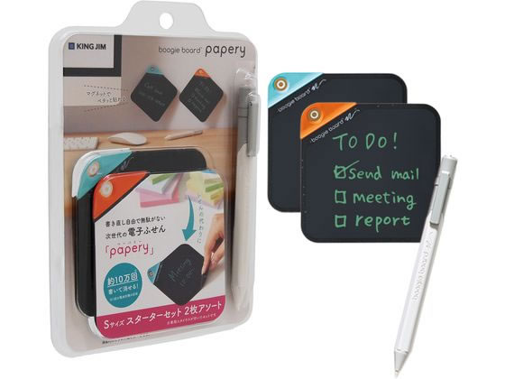 【重要：ご注文について】お客様のご都合による商品の交換・返品・数量変更は一切承っておりません。ご注文の際は慎重にお選びの上、ご注文願います。■ご注文の個数によっては、表示の出荷日目安よりも出荷まで日数を頂く場合がございます。納期については、事前にお問い合わせをお願い致します。また、当該商品は他店舗でも在庫を共有しておりますので、在庫更新のタイミングにより在庫切れの場合、やむを得ずキャンセルさせて頂く可能性があります。【送料について】『同梱区分C ： 988円（沖縄・離島 2420円）』※『異なる同梱区分の商品』を一緒にご注文頂いた場合は、同梱が出来ません。別配送となり追加送料がかかりますので、ご注文後に訂正の上、ご連絡させて頂きます。【ご注意】事前の配達日付は一切ご指定頂けません。配達日時につきましては、お手数ですが出荷完了時にご案内する荷物問い合わせ番号をもとに、お客様より配送業者へ直接御調整をお願い致します。メーカーによるリニューアルに伴い、パッケージ・内容等が予告なく変更される場合がございます。掲載写真等がリニューアル前のものであっても、リニューアル後の商品が届いた場合、ご返品や交換等は承ることが出来ません。置き配は破損・汚損・紛失・盗難などの恐れがあるため、原則としてお断りしております。置き配による破損・汚損・紛失・盗難については保証ができかねますので、あらかじめご承知おきください。ブギーボード ペーパリー Sサイズ スターター2枚 キングジム BB-18S-S2A「papery（ペーパリー）」は書き直し自由で無駄がない次世代の新感覚電子ふせんです。電源ONの操作が必要なく、思い立った時いつでもすぐに書き始められます。0．5mmの薄さで紙のように柔らかく重ねて保管も可能。マグネット内蔵でスチール面にペタッと貼れます。●セット内容：本体（BB−18S）2枚、専用スタイラス（BB−18ST）、単6形アルカリ乾電池（AAAA）2本セット済み、ステンレスシール2枚、取扱説明書（保証書付）●BB−18S（1枚当たり）●外形寸法：約100（W）×100（H）×0．5（D）mm●画面サイズ：約5．5インチLCD（100×100mm）●質量：約7g●主な材質：ポリアミド樹脂、PVC、PET●BB−18ST●外寸：約φ12×154（H）mm（クリップ除く）●質量：約13g（電池含まず）●消去回数：10万回●電源：単6形アルカリ乾電池2本（セット済み）●主な材質：ガラス繊維強化PC【ご使用上の注意】精密機械ですので取扱いにご注意ください。直接日光の当たる場所や、高温・多湿の場所での使用または保管はしないでください。本製品は日本国内専用です。商品の見直しなどのため、仕様・価格・デザインその他は予告なく変更する場合があります。商品の色は実際の色とは異なって見えることがあります。画面はイメージです。実際の画面とは見え方が異なります。Boogie Boardは、Kent Displays．Inc．の登録商標です。※メーカーの都合により、パッケージ・仕様等は予告なく変更になる場合がございます。●広告文責：株式会社プロヴィジョン（tel:092-985-3973）