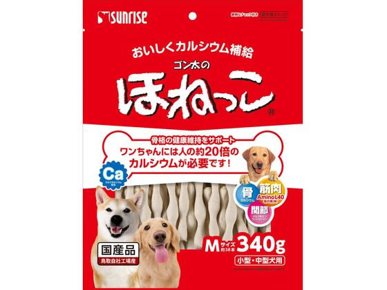 【重要：ご注文について】お客様のご都合による商品の交換・返品・数量変更は一切承っておりません。ご注文の際は慎重にお選びの上、ご注文願います。購入履歴でのキャンセル可能時間を越え、ご注文が確定されますと、在庫があるものは即、出荷手配に入る場合がございます。既にキャンセル可能時間を経過している場合は、ご注文のキャンセルを承ることが出来ません。即日出荷商品等、当店からの確認メールや、ご入金確認のメールが配信されない場合がございます。その場合は、商品発送（出荷）のメールをご確認下さい。■ご注文の個数によっては、表示の出荷日目安よりも出荷まで日数を頂く場合がございます。納期については、事前にお問い合わせをお願い致します。また、当該商品は他店舗でも在庫を共有しておりますので、在庫更新のタイミングにより在庫切れの場合、やむを得ずキャンセルさせて頂く可能性があります。■納期がかかる商品を同時にご注文頂いた場合は商品が全て揃ってからの出荷となります。【送料について】『同梱区分C ： 1梱包あたり988円（全国一律）』※『異なる同梱区分の商品』を一緒にご注文頂いた場合は、同梱が出来ません。別配送となり追加送料がかかりますので、ご注文後に訂正の上、ご連絡させて頂きます。また、大量注文並びに重量物をご注文された場合や、輸送中の破損防止の為やむを得ず梱包を分けないと通常梱包サイズに収まらないご注文の場合は、別途配送料をお見積りさせて頂きます。お見積りとなる場合は、ご連絡にお時間を頂くこともございますので予めご了承下さい。(追加送料は自動計算されません。出荷は保留扱いとなります。)【ご注意】事前の配達日時は一切ご指定頂けません。配達日時につきましては、お手数ですが出荷完了時にご案内する荷物問い合わせ番号をもとに、お客様より配送業者へ直接御調整をお願い致します。時間帯指定をされていても「指定なし」で出荷致します。食品等の賞味期限・消費期限の残存日数のご指定は承ることが出来ません。メーカーによるリニューアルに伴い、パッケージ・内容等が予告なく変更される場合がございます。掲載写真等がリニューアル前のものであっても、リニューアル後の商品が届いた場合、ご返品や交換等は承ることが出来ません。ラッピング（包装）・のしがけは承ることが出来ません。メール便・定形外郵便等はご指定頂けません。ゴン太のほねっこ Mサイズ 340g マルカン SSB-015「ほねっこ」は、ワンちゃんの健康で元気な体をサポートするスナックです。骨・関節・筋肉のバランスを考えた成分を配合し、健康を維持することで力強い骨格と筋肉を保ちます。●原材料：穀類（小麦粉等）、肉類（チキン等）、糖類、乳類（ミルクカルシウム等）、ビール酵母、魚介類、油脂類、グルコサミン（カニ由来）、サメ軟骨抽出物（コンドロイチンを含む）、ミネラル類（リン酸カルシウム、塩化ナトリウム、焼成カルシウム）、品質保持剤（プロピレングリコール）、着色料（二酸化チタン）、増粘安定剤（グリセリン）、保存料（ソルビン酸カリウム）、アミノ酸類（ロイシン、リジン、バリン、イソロイシン、スレオニン、フェニルアラニン、メチオニン、ヒスチジン、トリプトファン）、pH調整剤、酸化防止剤（エリソルビン酸ナトリウム、ミックストコフェロール、ローズマリー抽出物）●保証成分：たん白質12．0％以上、脂質0．5％以上、粗繊維1．5％以下、灰分30．0％以下、水分25．0％以下●カロリー：230kcal／100g※メーカーの都合により、パッケージ・仕様等は予告なく変更になる場合がございます。●広告文責：株式会社プロヴィジョン（tel:092-985-3973）