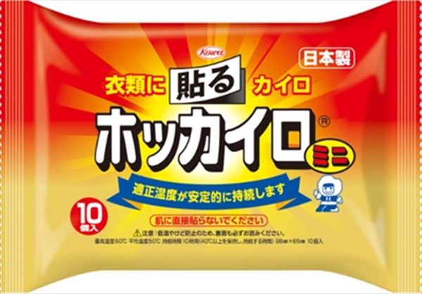 【ご注文について】お客様のご都合による商品のキャンセル・交換・返品は一切承ることが出来ません。ご注文の際は慎重にお選びの上、ご注文願います。当店からの確認メールや、ご入金確認のメールが配信されない場合がございます。その場合は、商品発送（出荷）のメールをご確認下さい。【納期について】ご注文（ご入金）確認後3〜7営業日前後の出荷予定※商品によっては一時的なメーカー欠品・取り寄せ等の理由により、上記出荷予定より更にお時間がかかる場合がございます。また、当該商品は他店舗でも在庫を共有しておりますので、在庫更新のタイミングにより在庫切れの場合、やむを得ずキャンセルさせて頂く可能性があります。【送料について】こちらは『同梱区分Q ： 1配送先756円（※北海道・沖縄・離島は配送不可）』が適用されます。※『異なる同梱区分の商品』を一緒にご注文頂いた場合は、同梱が出来ません。別配送となり追加送料がかかりますので、ご注文後に訂正の上、ご連絡させて頂きます。（送料は自動計算されません。出荷は保留扱いとなります。）メーカーからの出荷となる場合もございます。納品書は同梱しておりません。ラッピング（包装）・のしがけは承ることが出来ません。配送業者のご指定不可。ホッカイロ　貼るミニ10個 【 興和 】 【 カイロ 】通勤・通学にいつでも手軽にぽっかぽか。 衣類に貼るタイプのホッカイロです。適正温度が安定的に持続します。●ミニ：持続時間約10時間【単品サイズ】165×100×40（mm）【容量】10個リニューアルに伴い、パッケージ・内容等予告なく変更する場合がございます。予めご了承ください。●広告文責：株式会社プロヴィジョン（tel:092-985-3973）