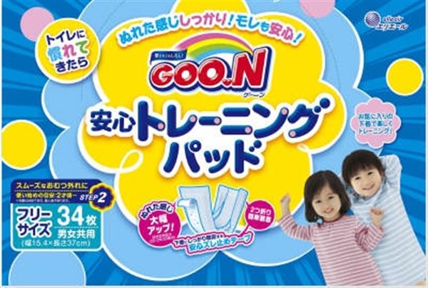 【ご注文について】お客様のご都合による商品のキャンセル・交換・返品は一切承ることが出来ません。ご注文の際は慎重にお選びの上、ご注文願います。当店からの確認メールや、ご入金確認のメールが配信されない場合がございます。その場合は、商品発送（出荷）のメールをご確認下さい。【納期について】ご注文（ご入金）確認後3〜7営業日前後の出荷予定※商品によっては一時的なメーカー欠品・取り寄せ等の理由により、上記出荷予定より更にお時間がかかる場合がございます。また、当該商品は他店舗でも在庫を共有しておりますので、在庫更新のタイミングにより在庫切れの場合、やむを得ずキャンセルさせて頂く可能性があります。【送料について】こちらは『同梱区分Q ： 1配送先756円（※北海道・沖縄・離島は配送不可）』が適用されます。※『異なる同梱区分の商品』を一緒にご注文頂いた場合は、同梱が出来ません。別配送となり追加送料がかかりますので、ご注文後に訂正の上、ご連絡させて頂きます。（送料は自動計算されません。出荷は保留扱いとなります。）メーカーからの出荷となる場合もございます。納品書は同梱しておりません。ラッピング（包装）・のしがけは承ることが出来ません。配送業者のご指定不可。グーン　安心トレーニングパッド34枚 【 大王製紙 】 【 オムツ 】●おしっこした後の濡れた感じでお子様がおしっこしたことをより実感でき、おしっこへの意識づけが可能●2つ折りで装着らくらく●「安心ずれ止めテープ」で下着に装着してもずれにくい●フリーサイズでどのお子様にもぴったりフィット●全面通気性バックシート使用【単品サイズ】265×170×116（mm）【容量】34枚リニューアルに伴い、パッケージ・内容等予告なく変更する場合がございます。予めご了承ください。●広告文責：株式会社プロヴィジョン（tel:092-985-3973）