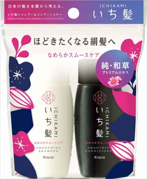 【ご注文について】お客様のご都合による商品のキャンセル・交換・返品は一切承ることが出来ません。ご注文の際は慎重にお選びの上、ご注文願います。当店からの確認メールや、ご入金確認のメールが配信されない場合がございます。その場合は、商品発送（出荷）のメールをご確認下さい。【納期について】ご注文（ご入金）確認後3〜7営業日前後の出荷予定※商品によっては一時的なメーカー欠品・取り寄せ等の理由により、上記出荷予定より更にお時間がかかる場合がございます。また、当該商品は他店舗でも在庫を共有しておりますので、在庫更新のタイミングにより在庫切れの場合、やむを得ずキャンセルさせて頂く可能性があります。【送料について】こちらは『同梱区分Q ： 1配送先756円（※北海道・沖縄・離島は配送不可）』が適用されます。※『異なる同梱区分の商品』を一緒にご注文頂いた場合は、同梱が出来ません。別配送となり追加送料がかかりますので、ご注文後に訂正の上、ご連絡させて頂きます。（送料は自動計算されません。出荷は保留扱いとなります。）メーカーからの出荷となる場合もございます。納品書は同梱しておりません。ラッピング（包装）・のしがけは承ることが出来ません。配送業者のご指定不可。いち髪　なめらかスムースケア　シャンプー＆コンディショナー　ミニセット 【クラシエ】 【 シャンプー 】商品区分：化粧品●日本女性の髪研究から生まれた和草のちからで、ダメージ補修はもちろんのこと髪を本質から守り、使うたび、傷みにくい髪へ導く予防美髪ケアシリーズ●補修＆予防成分「純・和草プレミアムエキス」配合●キューティクルスムース処方●指通りなめらか●サルフェートフリー処方●みずみずしく可憐に咲く山桜の香り●携帯に便利なポーチ入(パッケージがポーチになります)＜シャンプー＞●植物由来アミノ酸系洗浄成分使用●ノンシリコンシャンプー●ダメージ補修+キューティクルの剥がれを予防＜コンディショナー＞●キューティクルを整え、摩擦によるダメージ補修+予防【使用方法】・髪をぬらし、シャンプーを手に取り、地肌をやさしくマッサージするように充分に泡立てて洗い、よくすすいでください。・シャンプー後、コンディショナー適量を髪になじませてからすすいでください。【セット詳細】40ml+40ml【成分】★シャンプー水、ラウロイルサルコシンTEA、パーム核脂肪酸アミドプロピルベタイン、コカミドメチルMEA、コカミドMEA、ジステアリン酸グリコール、ココイルグルタミン酸TEA、コメヌカ油、コメエキス、カワラナデシコ種子エキス、ムクロジエキス、コメ胚芽油、ヒオウギエキス、ツバキ種子エキス、コメヌカエキス、塩化Na、ヤシ油脂肪酸PEG-7グリセリル、クエン酸、ポリクオタニウム-10、グアーヒドロキシプロピルトリモニウムクロリド、ポリクオタニウム-7、BG、エタノール、プロパンジオール、EDTA-2Na、安息香酸Na、香料、カラメル★コンディショナー水、ステアリルアルコール、ジメチコン、ベヘナミドプロピルジメチルアミン、ソルビトール、コメヌカ油、コメエキス、サクラ葉エキス、コメ胚芽油、ヒオウギエキス、ツバキ種子エキス、コメヌカエキス、グリコシルトレハロース、ベヘニルPGトリモニウムクロリド、乳酸、パラフィン、ビスジグリセリルポリアシルアジペート-2、加水分解水添デンプン、アモジメチコン、ベヘニルアルコール、エタノール、ヒドロキシエチルセルロース、フェニルトリメチコン、(C12-14)パレス-7、(ビスイソブチルPEG-14／アモジメチコン)コポリマー、ラウレス-4、BG、ラウレス-23、(C12-14)パレス-12、ラウレス-9、(C12-14)パレス-5、ステアリン酸PEG-55、グルタミン酸、クエン酸、トコフェロール、フェノキシエタノール、安息香酸Na、サリチル酸Na、メチルパラベン、香料、カラメル【注意事項】・お肌に合わない時、また傷・湿しん等、異常のある時は使用しないでください。・使用中、赤み・かゆみ・刺激等の異常が現れた時は使用を中止し、皮フ科専門医等へのご相談をおすすめします。そのまま使用を続けると症状が悪化することがあります。・目に入った時は、すぐに洗い流してください。・乳幼児の手の届かないところに置いてください。・直射日光を避けて保管してください。・中身が出にくい際は、容器を逆さに向け、数回振ってからお使いください。・浴漕や浴室の床が滑ることがあるのでご注意ください。【原産国】日本【ブランド】いち髪【発売元、製造元、輸入元又は販売元】クラシエホームプロダクツリニューアルに伴い、パッケージ・内容等予告なく変更する場合がございます。予めご了承ください。(いちかみ ICHIKAMI イチカミ 滑らかスムースケア)クラシエホームプロダクツ108-8080 東京都港区海岸3-20-200120-540-712●広告文責：株式会社プロヴィジョン（tel:092-985-3973）