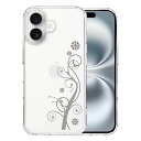 iPhone16 側面ソフト 背面ハード ハイブリッド クリア ケース フローラル つる模様 グレー 単品