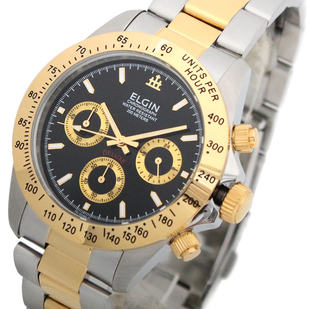 エルジン 腕時計（メンズ） エルジン ELGIN クロノグラフ 腕時計 FK1059TG-B メンズ ブラック イエローゴールド 国内正規品 ブラック