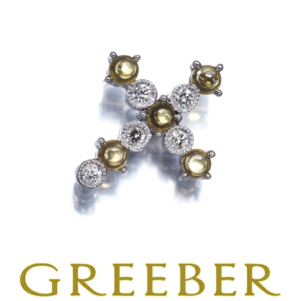 イエローサファイア 0.25ct ダイヤ ダイヤモンド カボション クロス ミルグレイン ペンダント トップ K18WG ソ Pendant【中古】GENJ