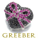 ★ポイント5倍対象商品★ ピンクサファイア 0.72ct ブラックダイヤ ダイヤモンド 1.55ct リボン ハート ペンダント トップ K18WG Pendant【中古】GENJ