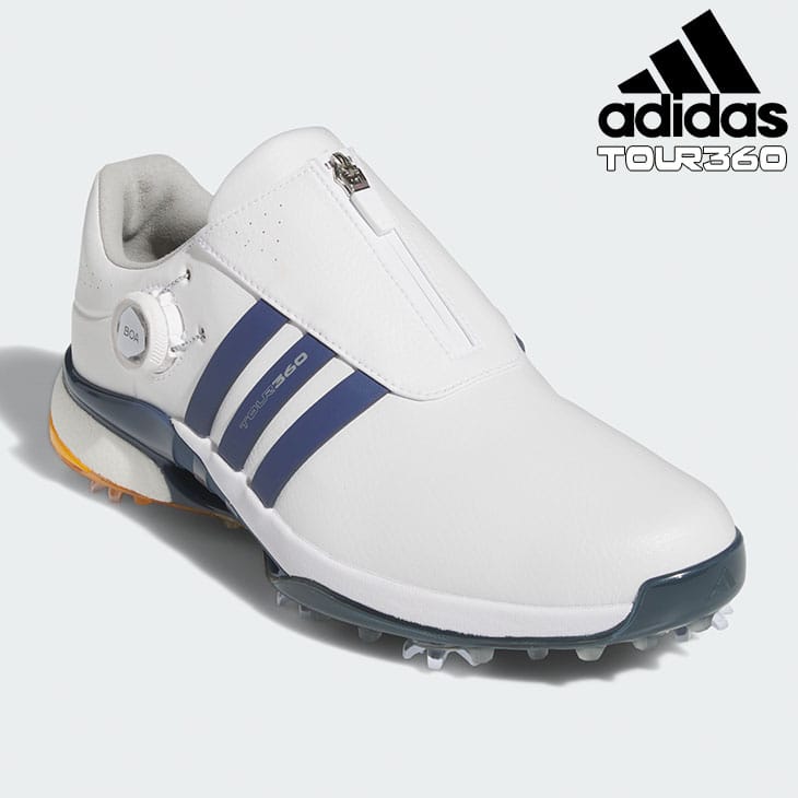 【メーカー】adidas(アディダス) 【商品名】ツアー360 24 ボア 【商品詳細】 ZGとコードカオスのキーテクノロジーを融合し、高次元でトータルパフォーマンスを追求した頂点の一足。 ■ [トルションブリッジ] 高いトータルパフォーマンスを可能にするキーパーツが足をサポートする硬い素材の上部パーツと、地面に触れている柔らかい下部パーツに分かれている新構造のトルションブリッジを搭載。 グリップ力・安定性・足への負担軽減といった様々な性能をこのパーツ一つが全て担う特殊な構造を搭載。 ■ [7クリートアウトソール] アウトソールの安定性が求められる箇所にはクリートを配置することによりグリップ力はもちろん、クリート周辺の硬度によってさらにしっかりさをもたらす。 逆に屈曲性が求められる箇所とその方向にのみ、柔軟性を向上させるフレックスグルーブを搭載することで、スイング時と歩行時の性能の差別化を可能に。 さらに接地面積が広いスパイクレスラグ（凹凸）を全面的に配置することによって、歩行時のクリートの突き上げ感を軽減しながらグリップ力も同時に向上。 ■ [LIGHTSTRIKE + JETBOOST] 前足部には高反発で軽量なLIGHTSTRIKEを搭載することで、スイング時の強い蹴りを可能にしながら潰れすぎを抑え、高い安定性を発揮。 ヒールにはゴルフシューズ初搭載のJETBOOSTによってBOOST特有のソフトなクッショニングを歩行時には感じれながらも、スイング時などのより強い圧が加わった際には通常のBOOSTよりも高い安定性を発揮。 ■ [360WRAP] TOUR360のアイコニックなデザインでもある3-ストライプスは、中足部を足の裏も含めて360°ラッピングする構造によって、一般的なシューズの構造には成し得ないホールド力とフィット感をもたらす。 カラータイプ： ●フットウェアホワイト/プリラブドインク/スパーク ※プレゼント用包装はおこなっておりません。 【発売日】 2024月3月8日発売予定 【商品納品予定】 ※納期は商品によって異なります。 1）在庫品のある場合、即日の発送が可能です。 2）発売前の予約品、またはメーカー在庫品は納期が決定次第、メールでご連絡させていただきます。 くわしくは下記画像にてご確認くださいませ。