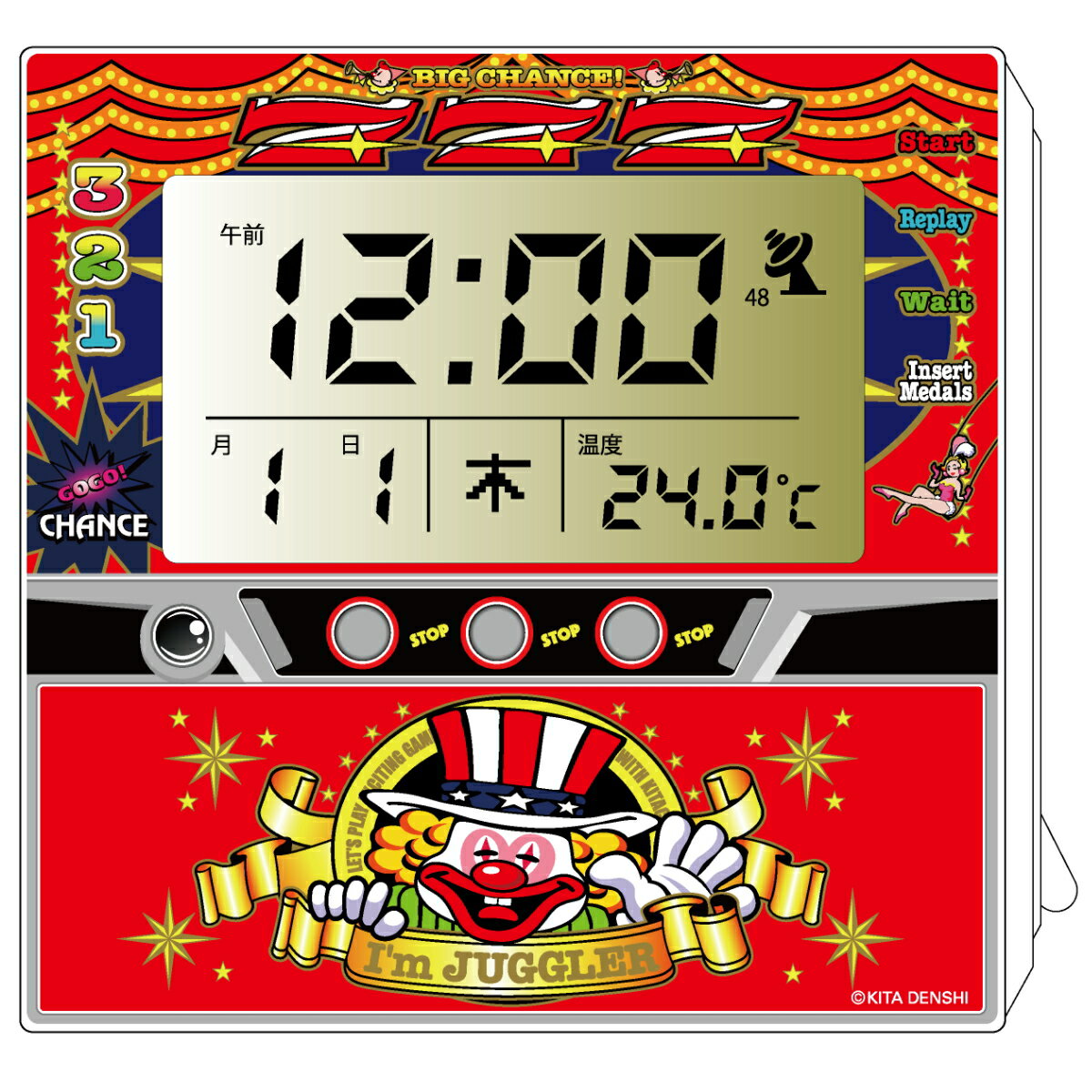 ジャグラー 電波クロック レッド / 置き時計 温度計 カレンダー アラーム パチスロ スロット キャラクター グッズ