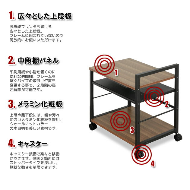 【楽天市場】RPM-PW04-WN プリンターワゴン プリンター台 プリンタ置き 中間棚の高さ調節もできて収納力抜群 キャビネット