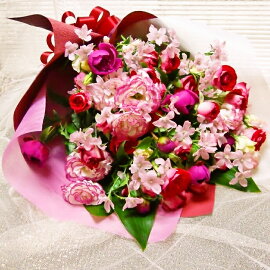 [誕生日花][お祝い花束][送別花束]にも赤バラとトルコキキョウの花束