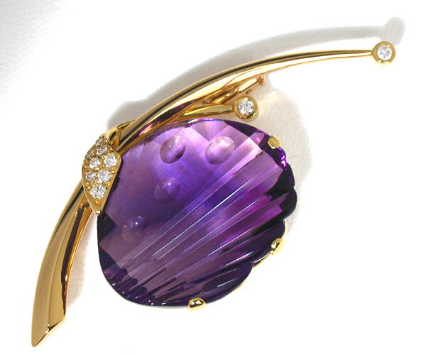 ★じゅえりぃ ばんく★ 大粒21ct AMETHYST フラワーモチーフ ！ K18 アメシスト ダイヤモンド ブローチ人とは違う変わったカット、上品でスッキリと洗練されたデザイン！！