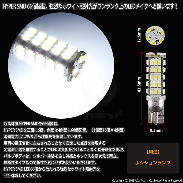 【車幅灯】ダイハツ ミラココア[L675S/L685S]ポジションランプ対応LED T10 HYPER SMD 66連LEDウェッジシングル球　LEDカラー：ホワイト　1セット2個入△(3-A-8)