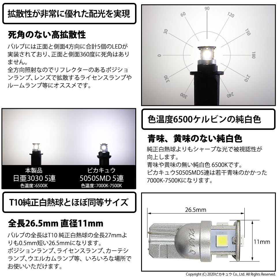 【車幅灯】トヨタ ハイエース[200系 5型 LEDヘッドライト仕様車]ポジションランプ対応LED 日亜化学工業製素子使用 140lmの大出力 T10 日亜3030 5連 LEDウエッジバルブ　LEDカラー：ホワイト　色温度：6500K　1セット2個入